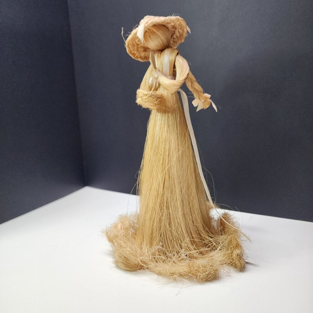 Vintage Handmade Folk Art Straw Doll Lady 10'' Wearing Wide Brimmed Hat